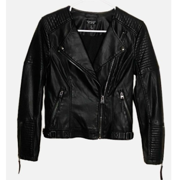 TOPSHOP Women's Black Polly Faux-Leather Biker Jacket Size 4 - Picture 4 of 10